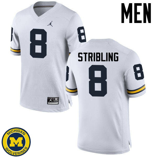 Mens University of Michigan #8 Channing Stribling White Replica Stitch Jersey